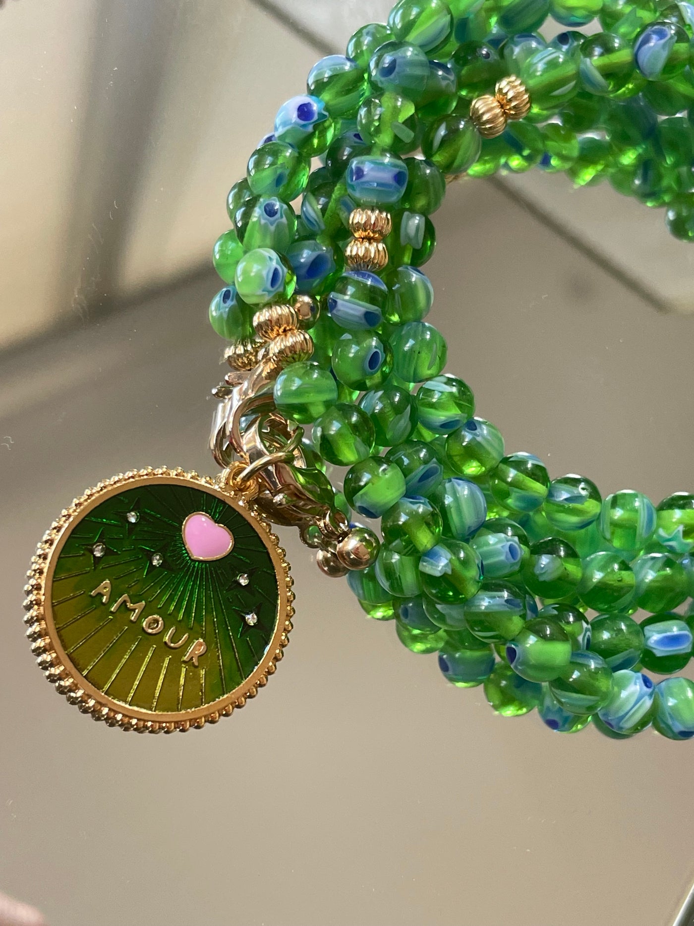 Long sautoir Millefiori Vert Médaille personnalisable